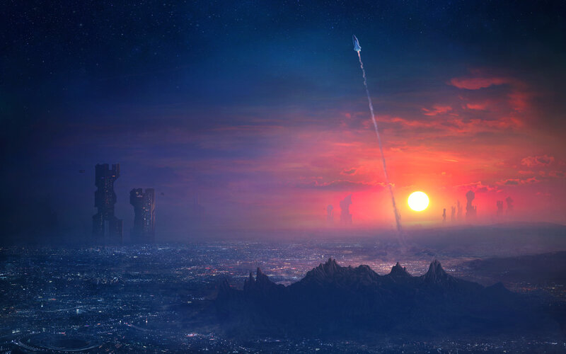 Spaceship Launching at Sunset