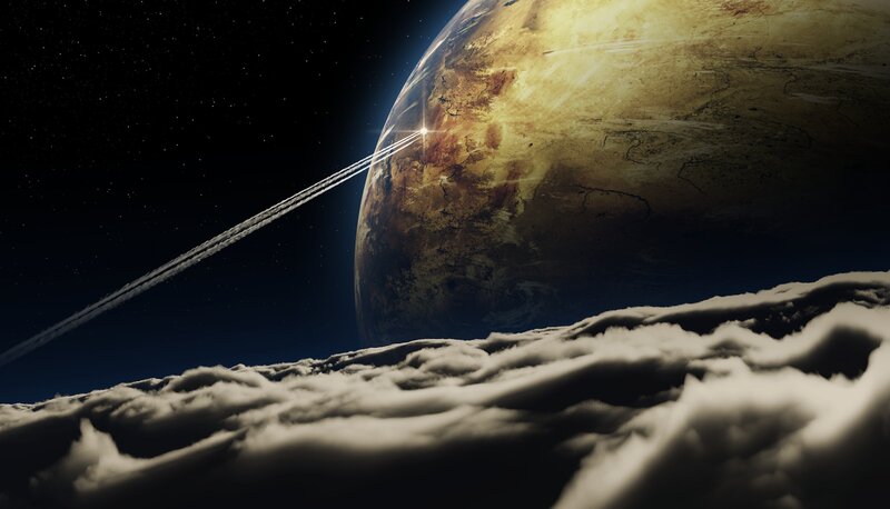 Spaceship Launching from Planet — Brown