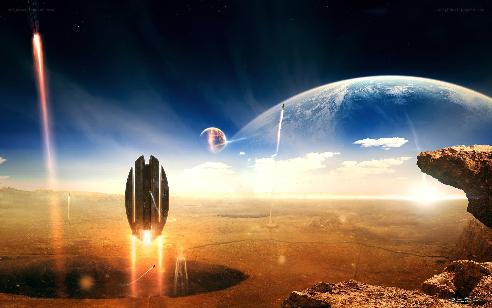 Spaceship launching on alien planet