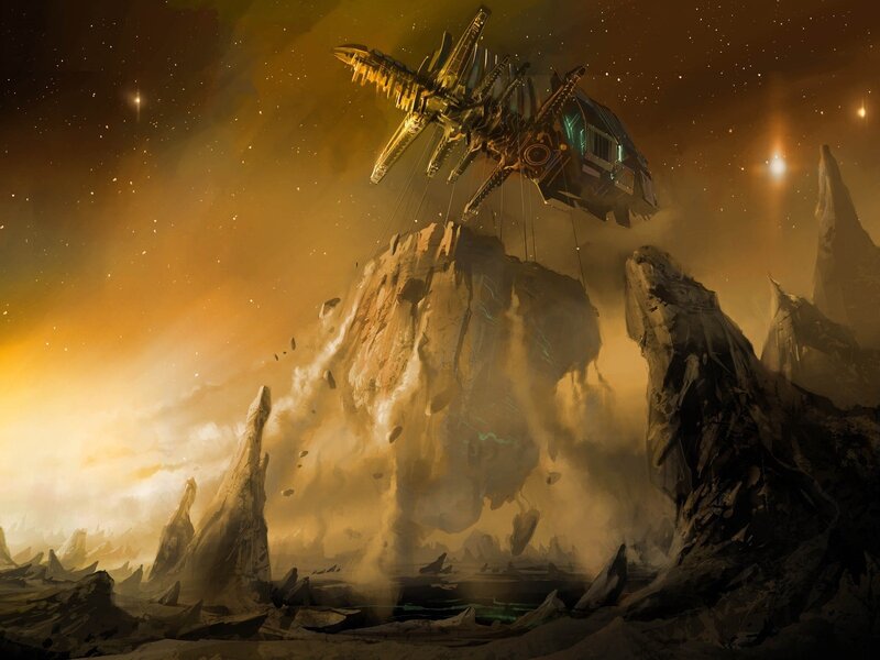 Spaceship lifting a rock