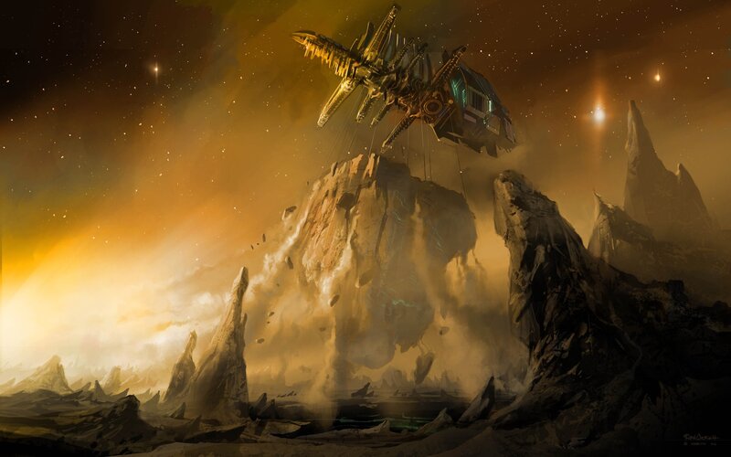 Spaceship Lifting Rock — Yellow, Dramatic