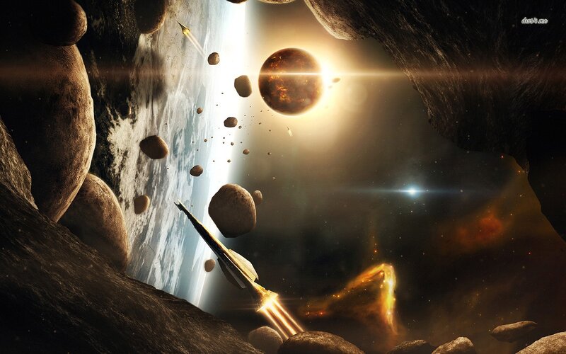 spaceship navigating asteroid field