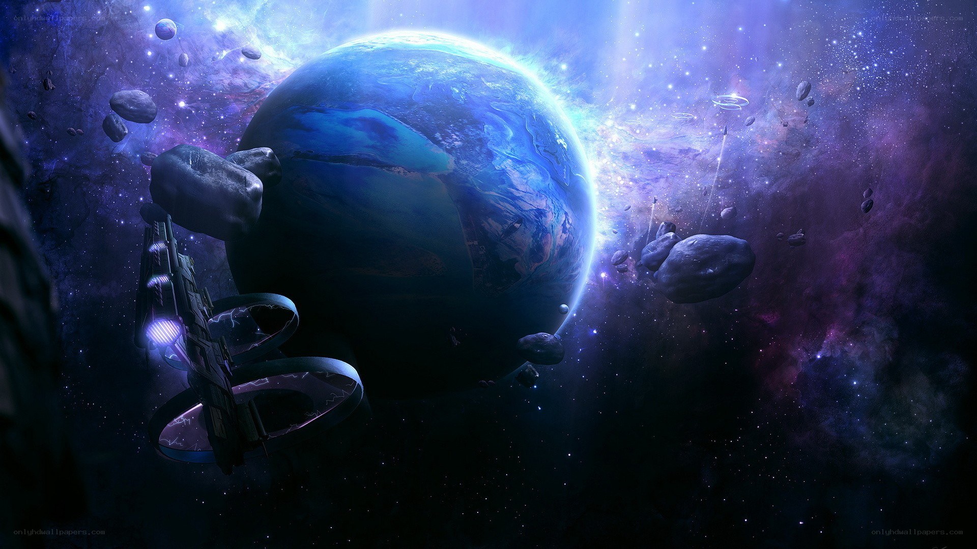 Spaceship near a blue planet