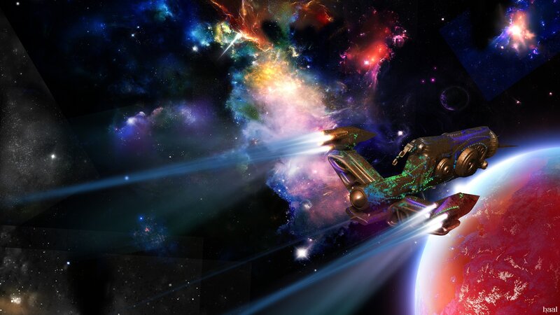spaceship near a colorful planet