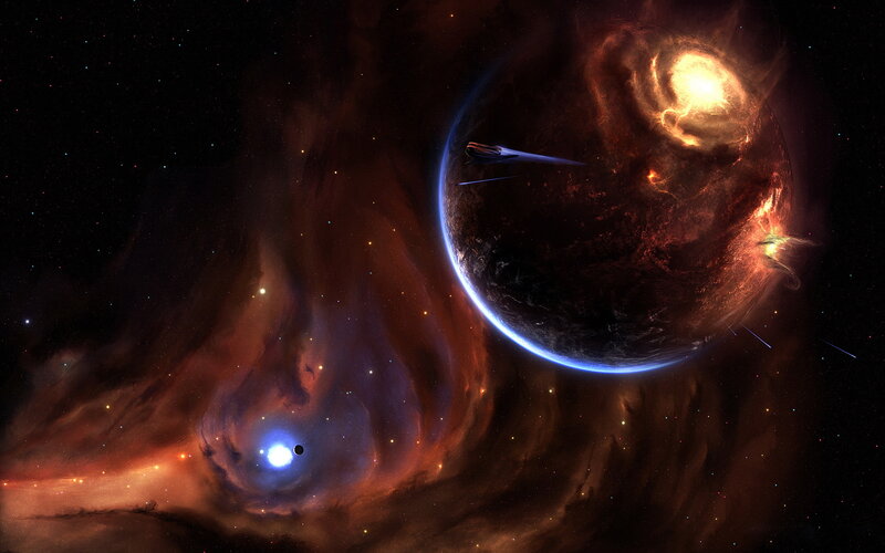 Spaceship near a fiery planet