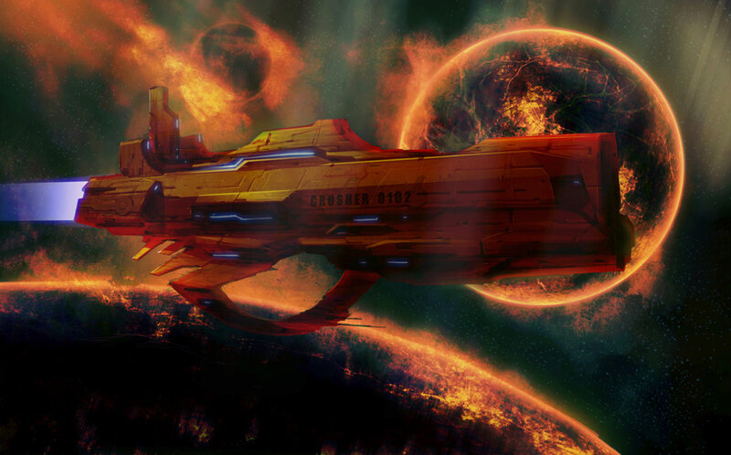 Spaceship near a fiery planet