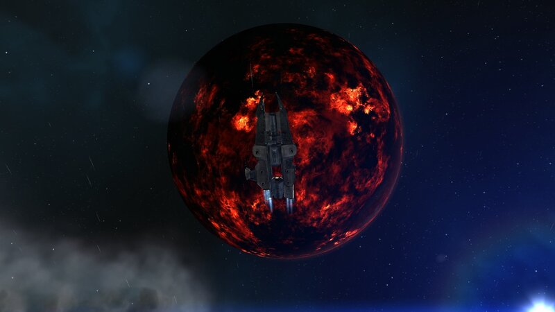 spaceship near a fiery planet