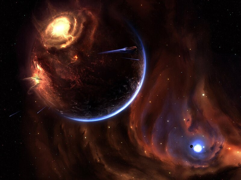 Spaceship near a fiery planet