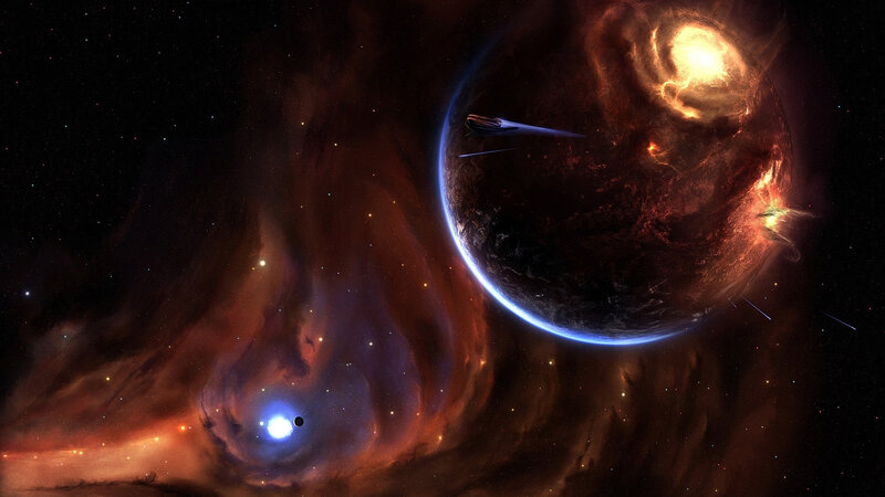 Spaceship near a fiery planet