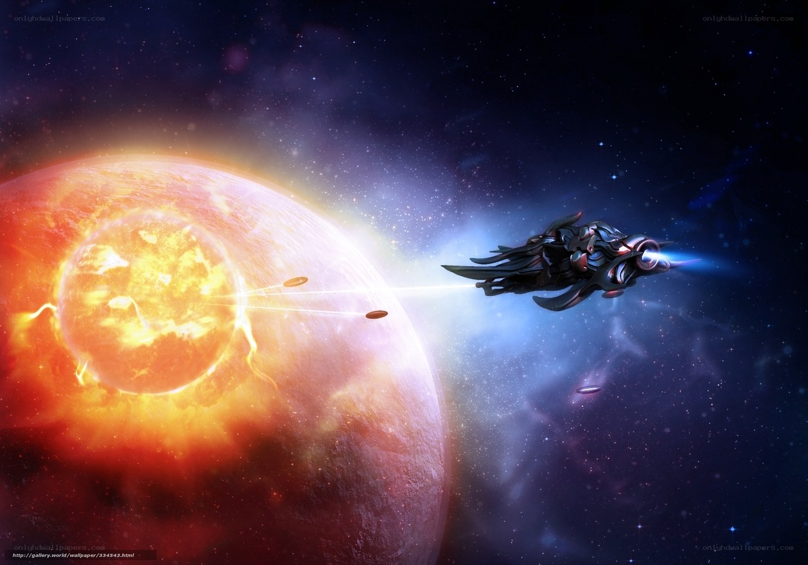 Spaceship near a fiery planet