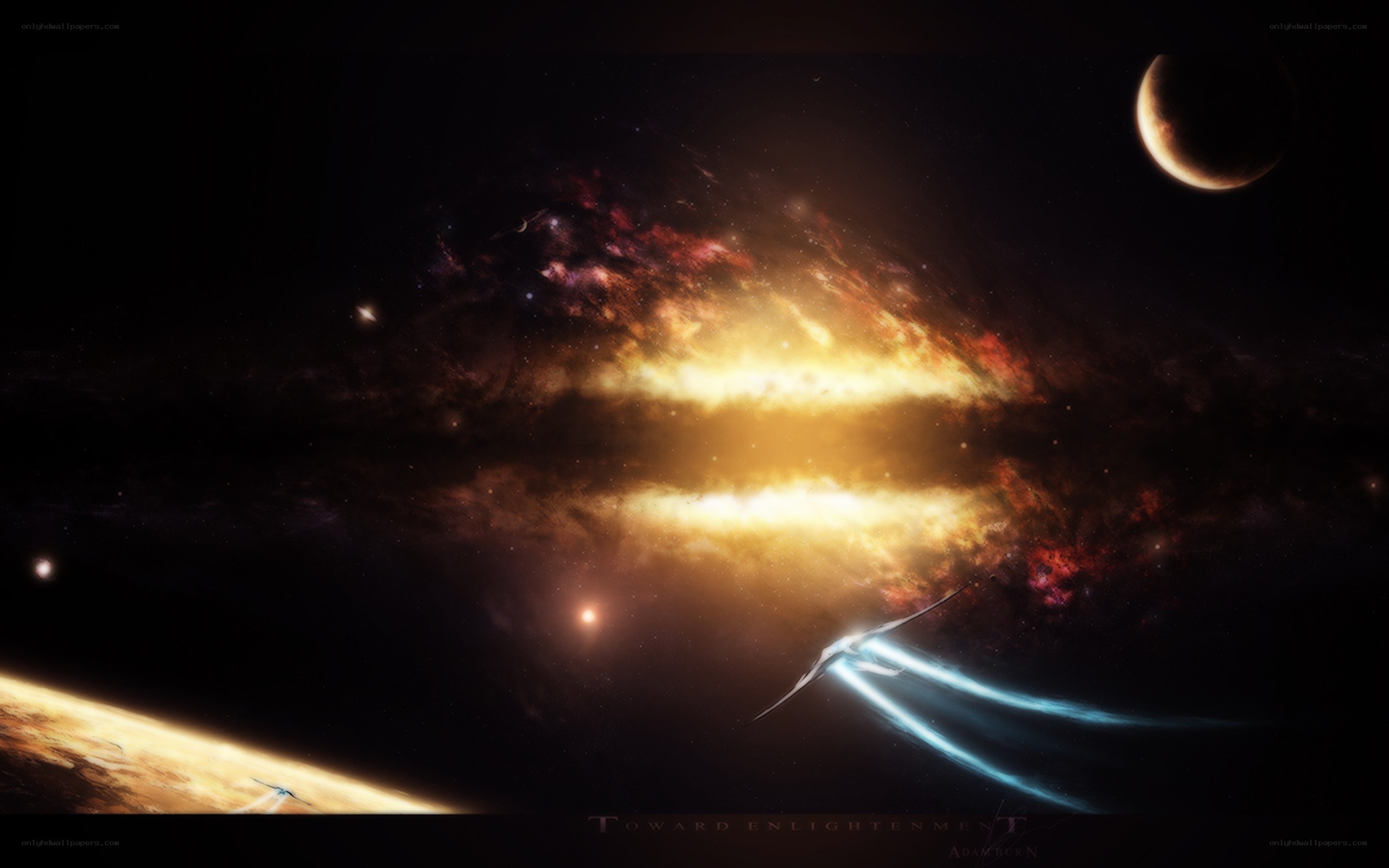 spaceship near a galaxy