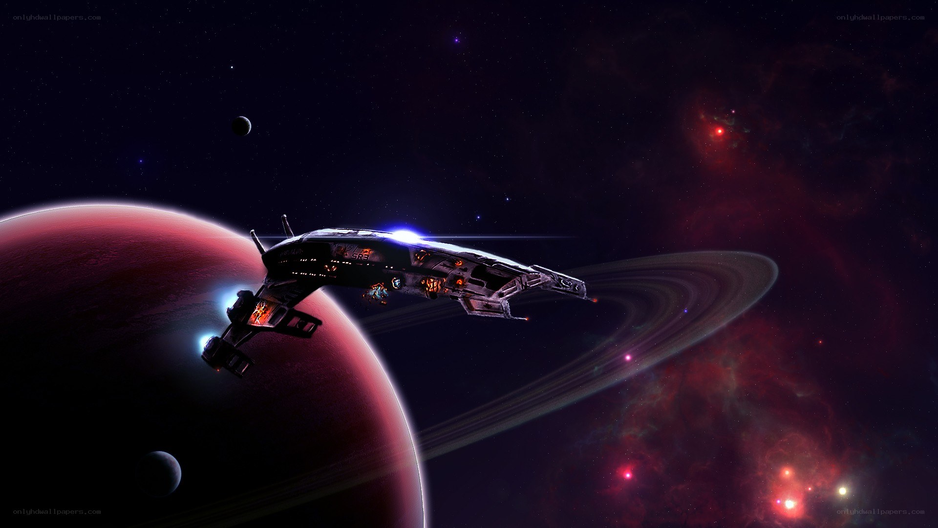 Spaceship near a ringed planet
