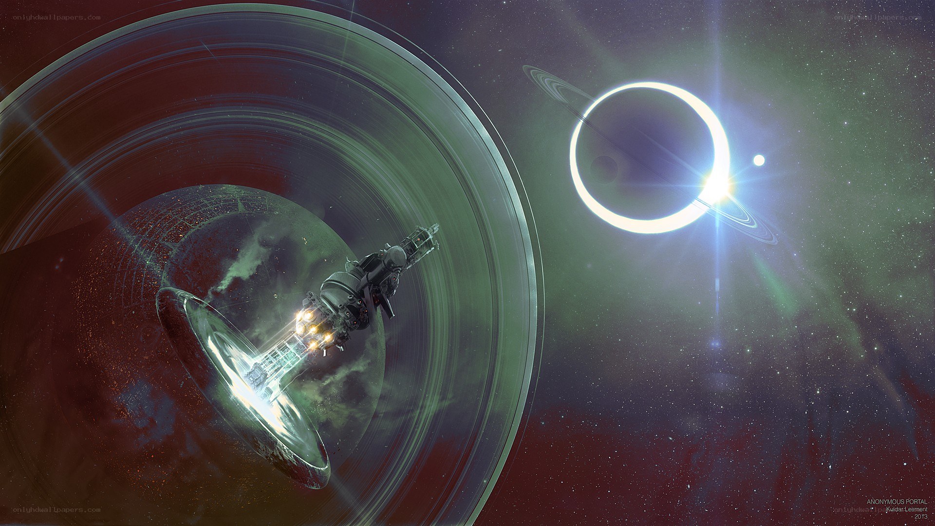 spaceship near a ringed planet