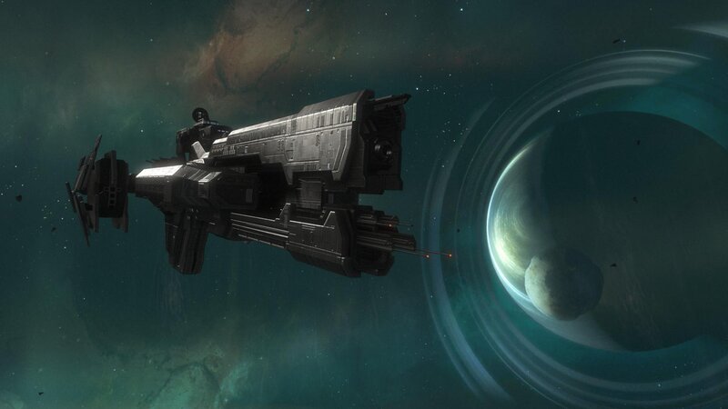 Spaceship near a ringed planet