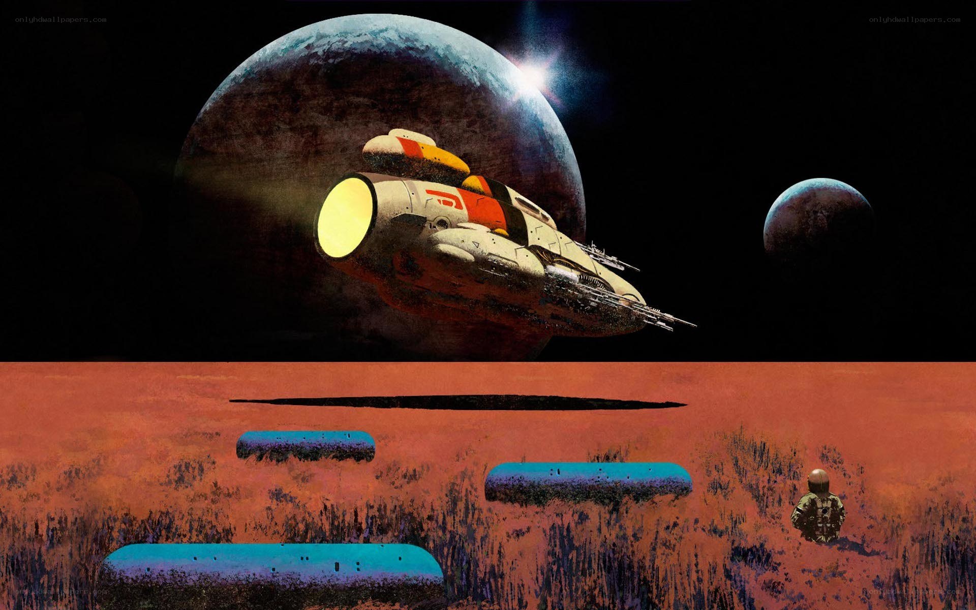 spaceship near alien planet