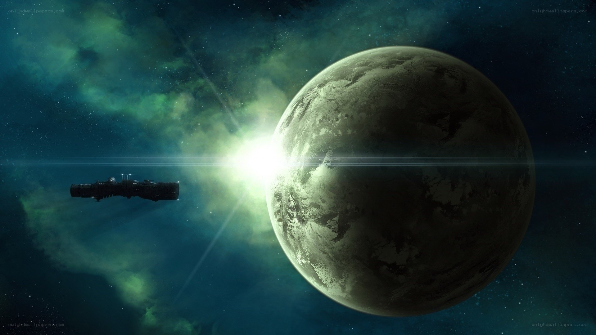 Spaceship near alien planet