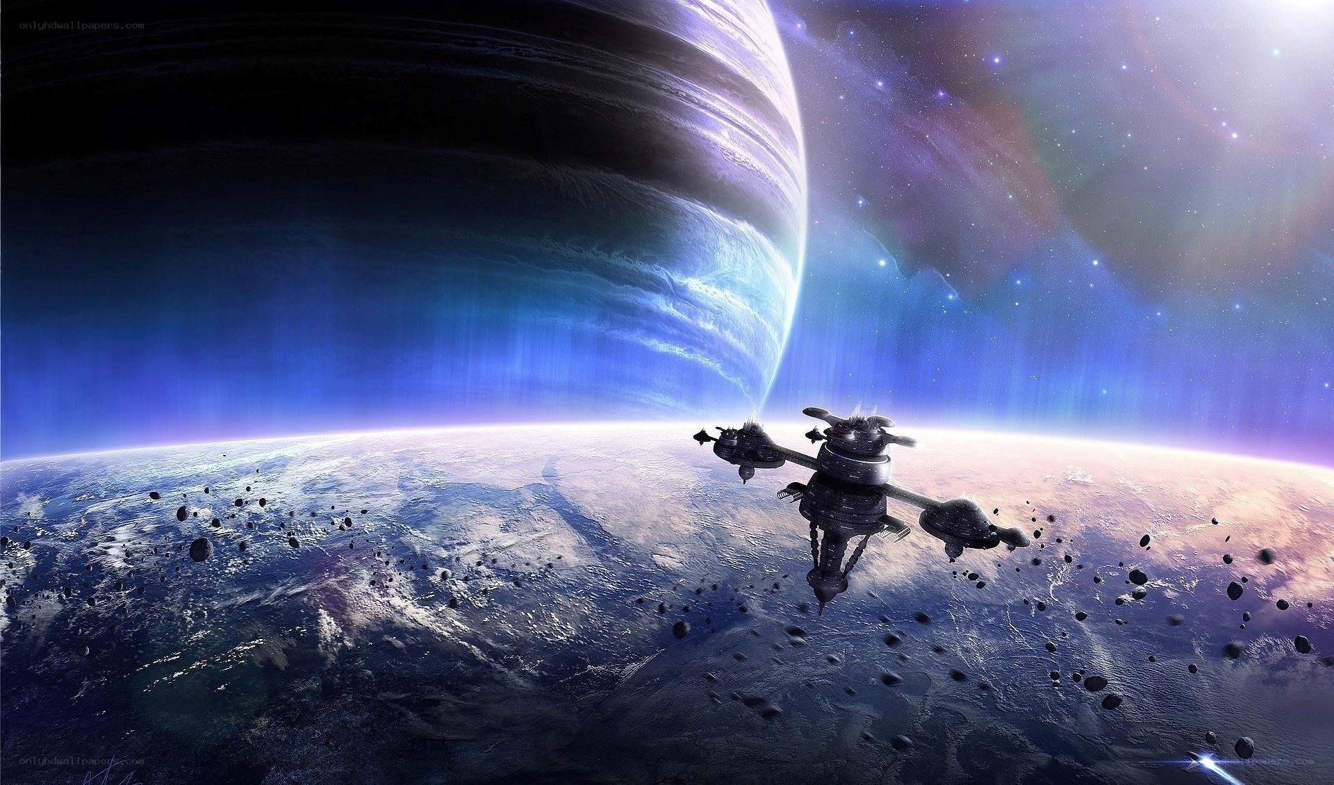 spaceship near alien planet