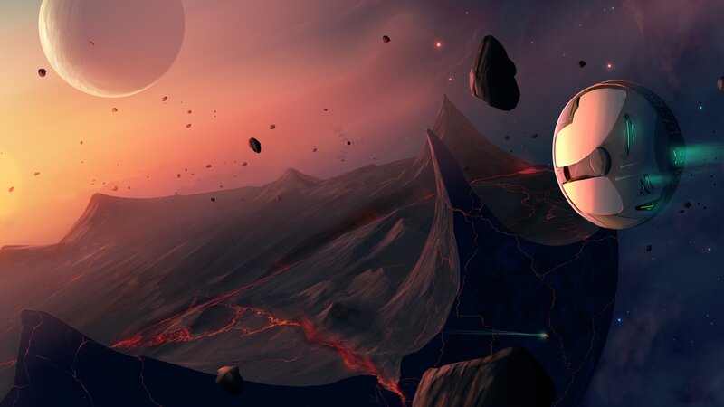 Spaceship Near Alien Planet — Orange