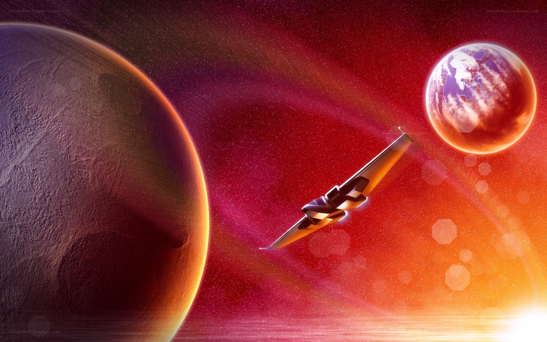 Spaceship near alien planets
