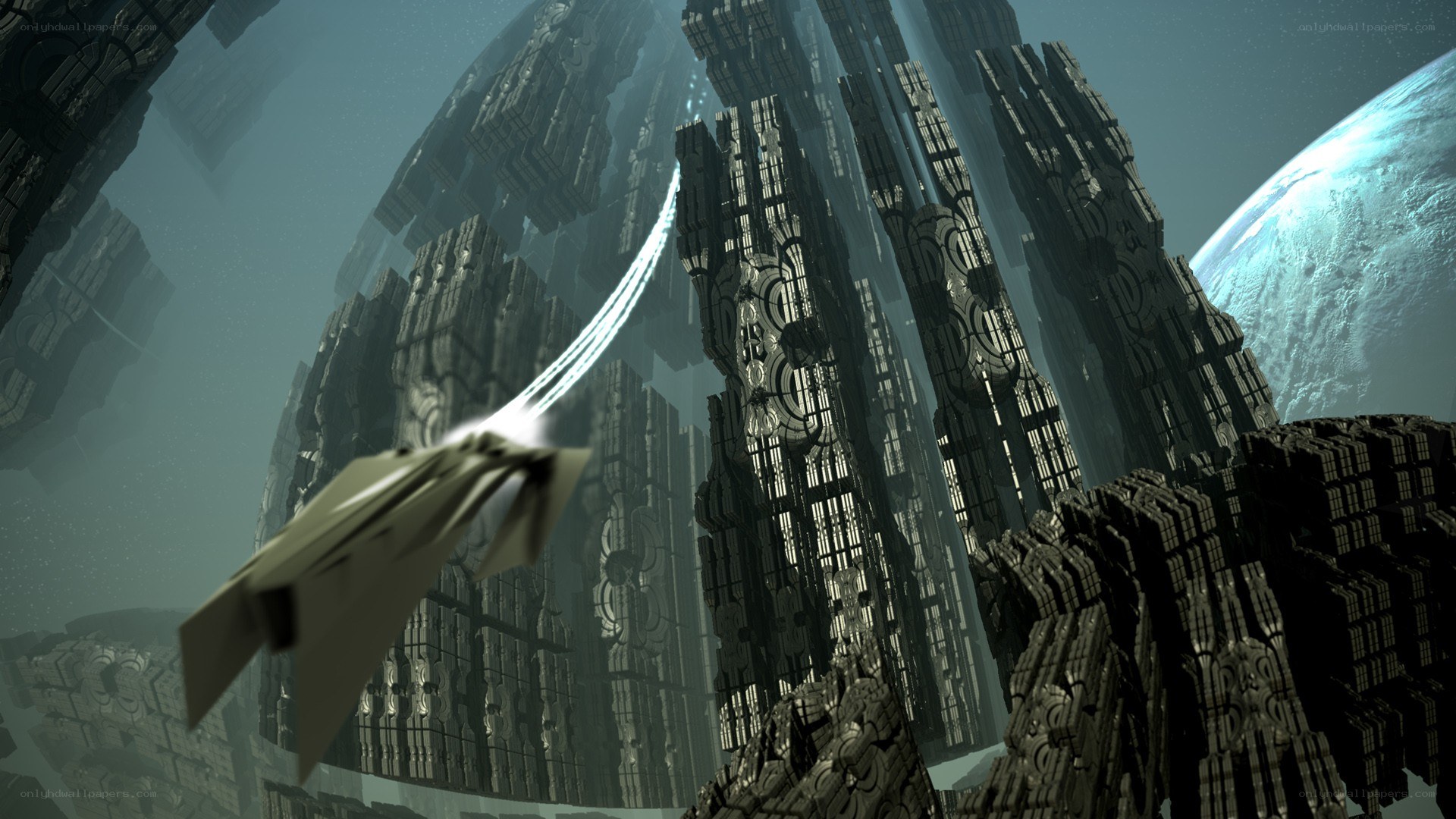 spaceship near alien structure