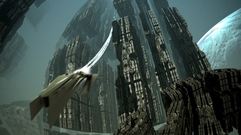 Spaceship Near Alien Structure — Gray, Dramatic