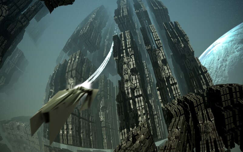 Spaceship Near Alien Structure — Gray