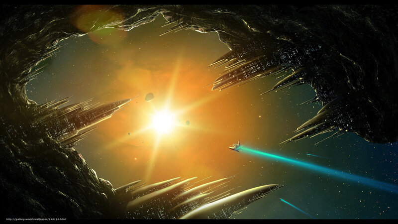 Spaceship near alien structure