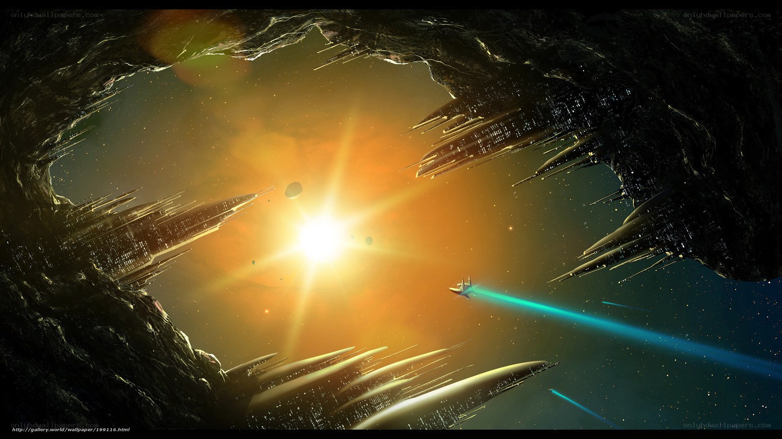 Spaceship near alien structure