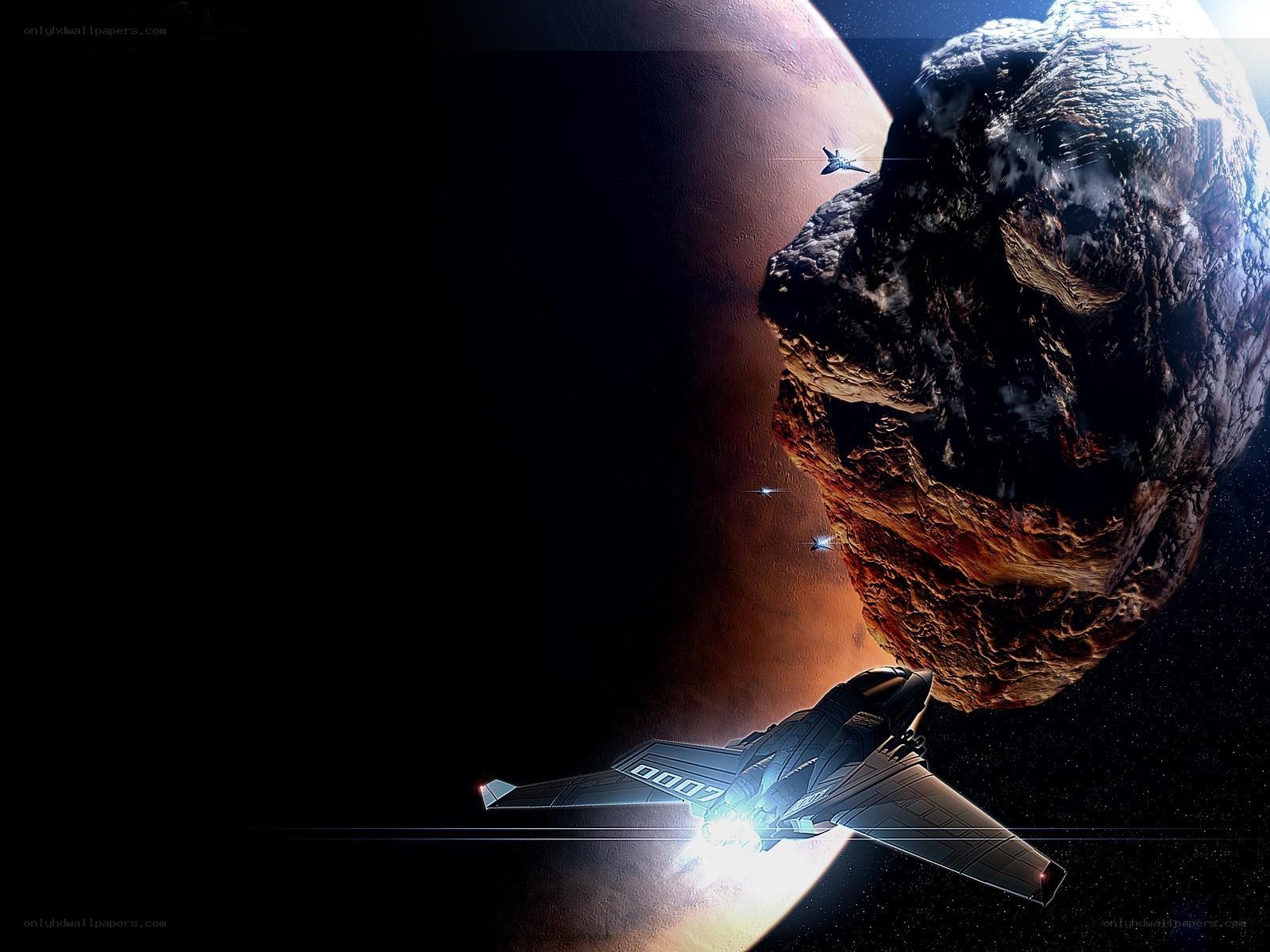 Spaceship near asteroid and planet