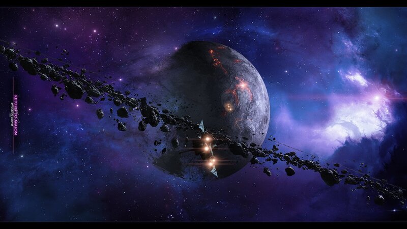 Spaceship near asteroid belt