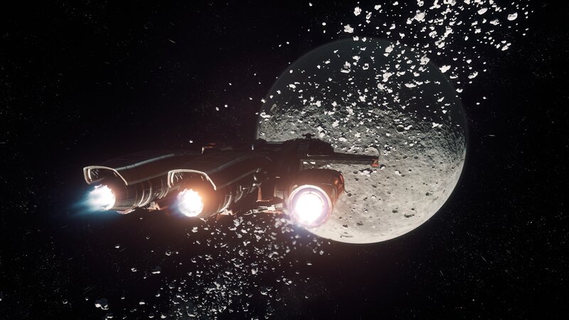 Spaceship Near Asteroid — Black, Dramatic, Night, 3d Render