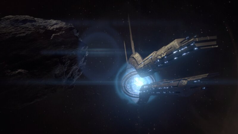 Spaceship Near Asteroid — Black, Dramatic