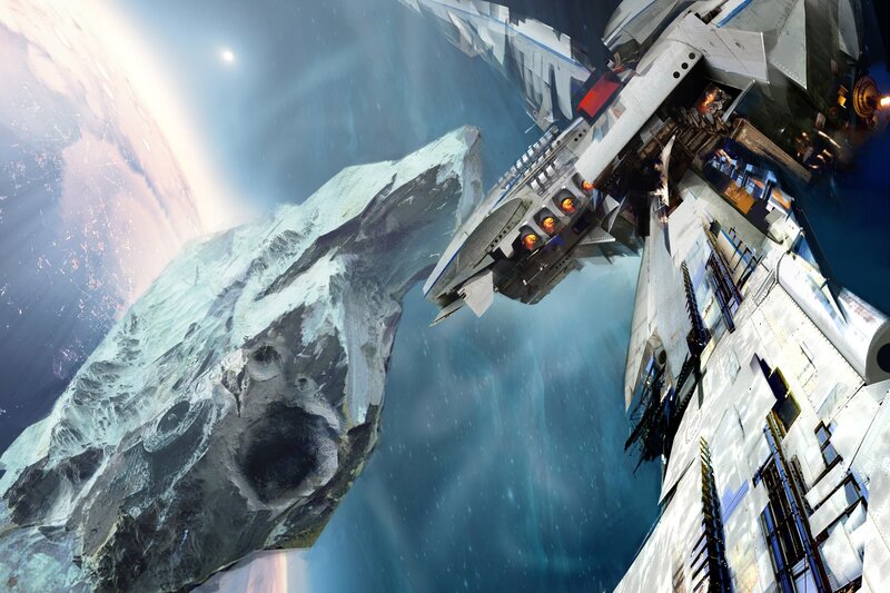 Spaceship Near Asteroid — Blue, Dramatic, Digital Art