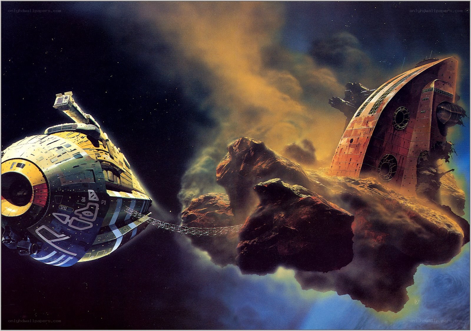 Spaceship near asteroid field