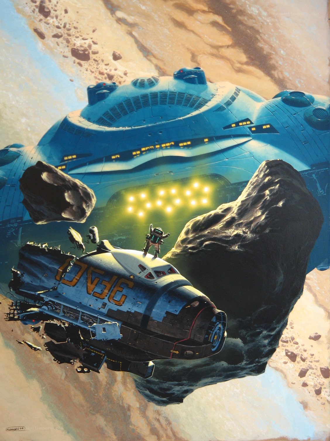 Spaceship near asteroid field
