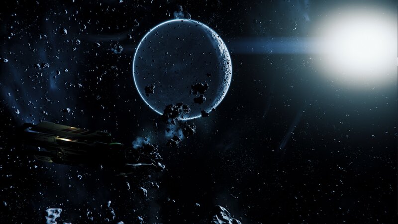 Spaceship Near Asteroid Field — Black