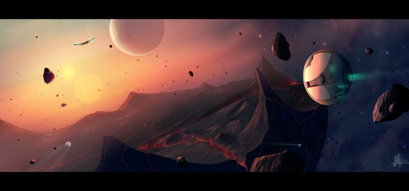 Spaceship Near Asteroid Field — Orange