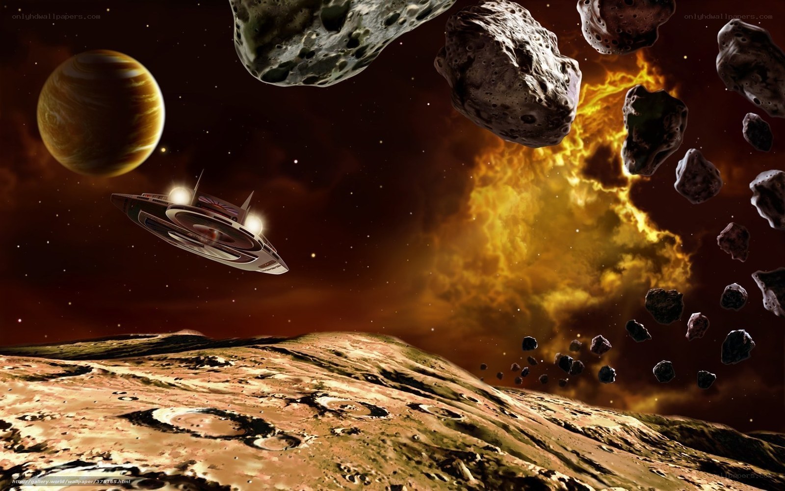 spaceship near asteroid field