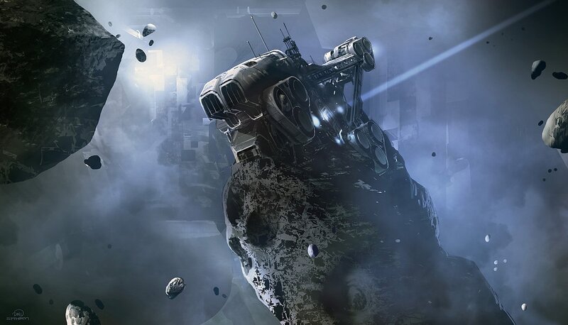 Spaceship Near Asteroid — Gray, Dramatic