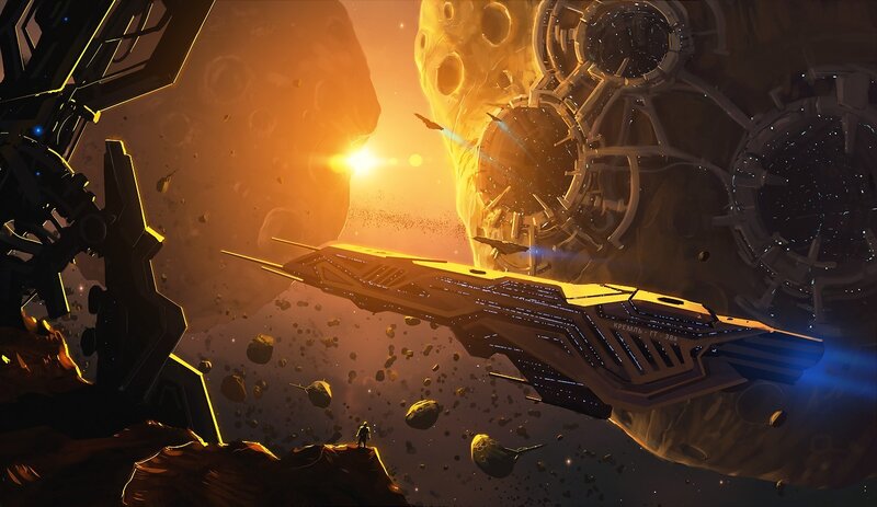 Spaceship Near Asteroid — Orange