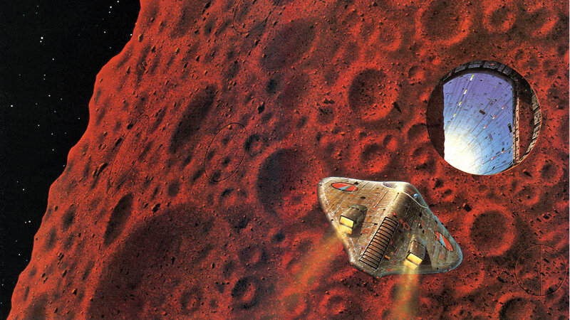 Spaceship Near Asteroid — Red, Dramatic, Night