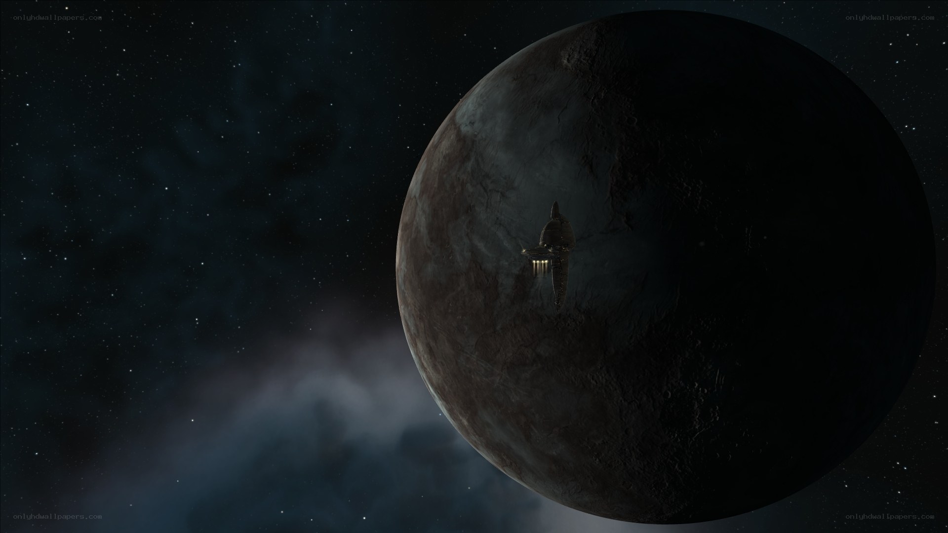 spaceship near dark planet