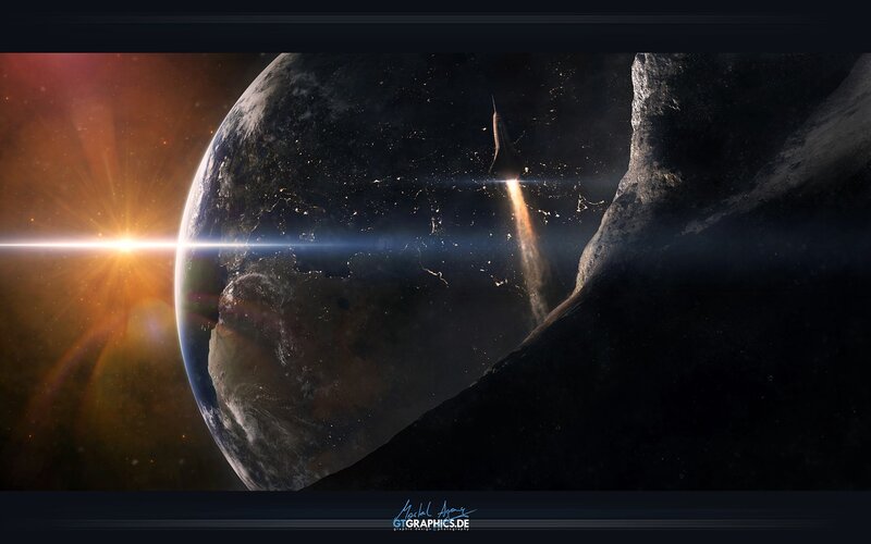 Spaceship near Earth and asteroid