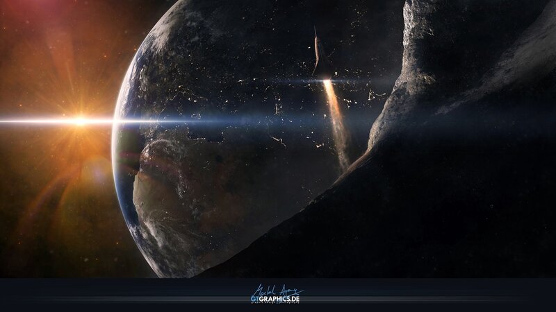 Spaceship near Earth and asteroid