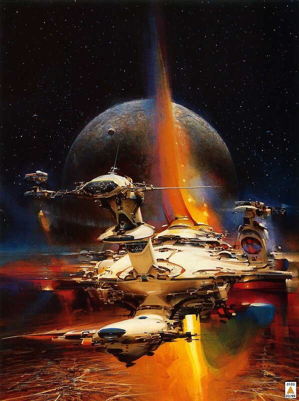 Spaceship near erupting planet