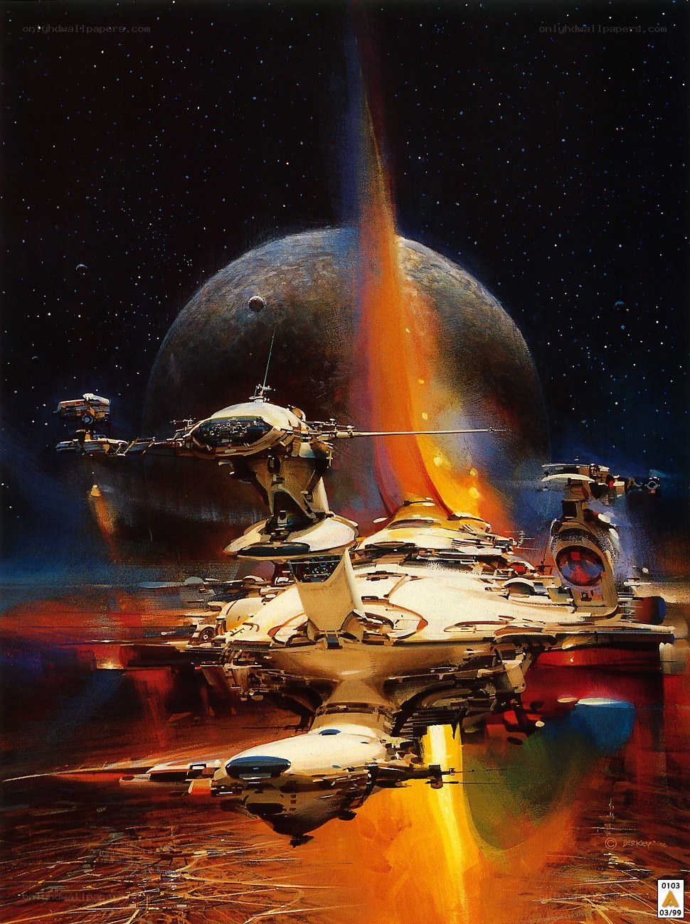 Spaceship near erupting planet
