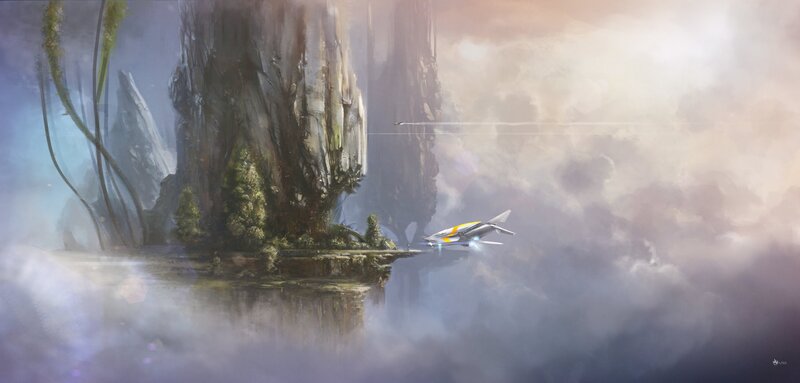 Spaceship Near Floating Island