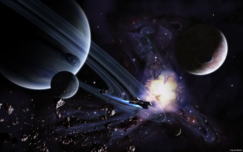 Spaceship Near Gas Giant — Black, Dramatic