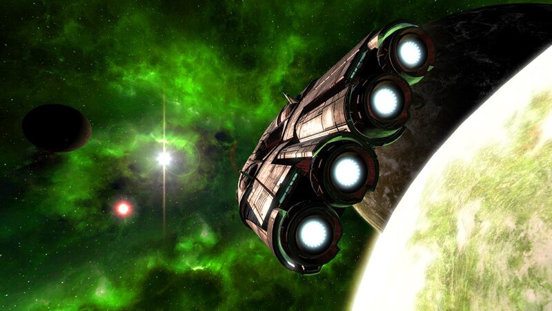 spaceship near green planet