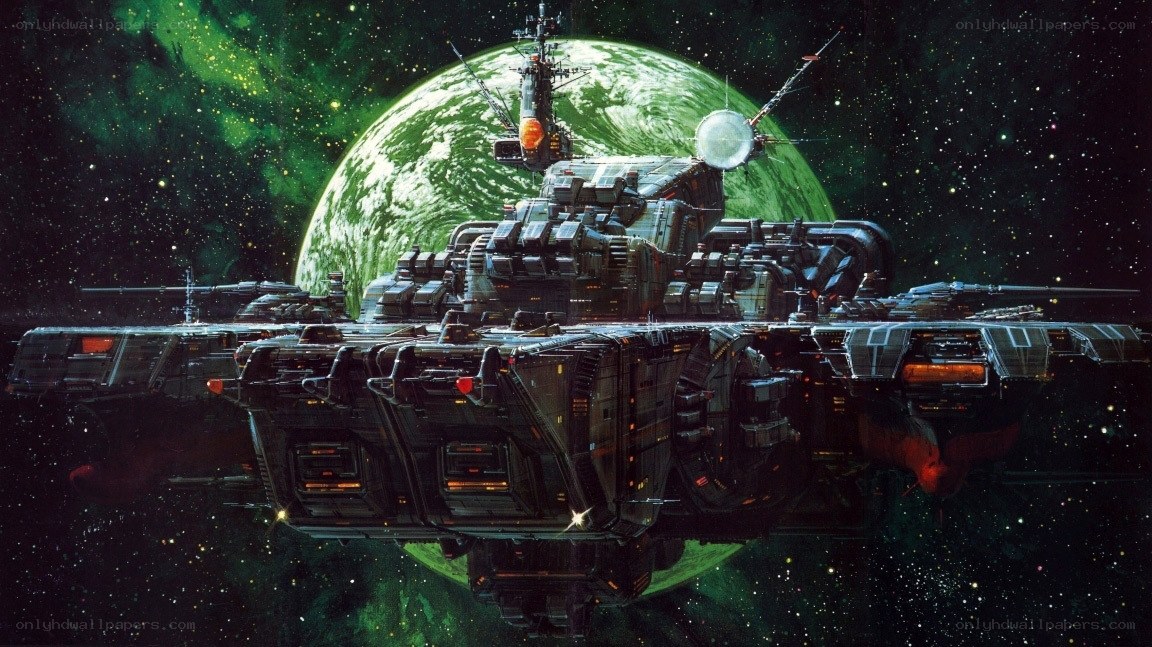 Spaceship near green planet